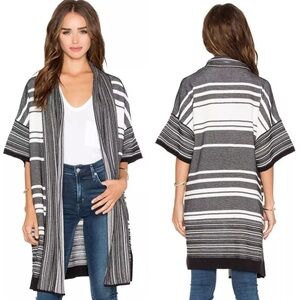Vince Multi Stripe Knit Short Sleeve Open Cardigan In Black White Size XS